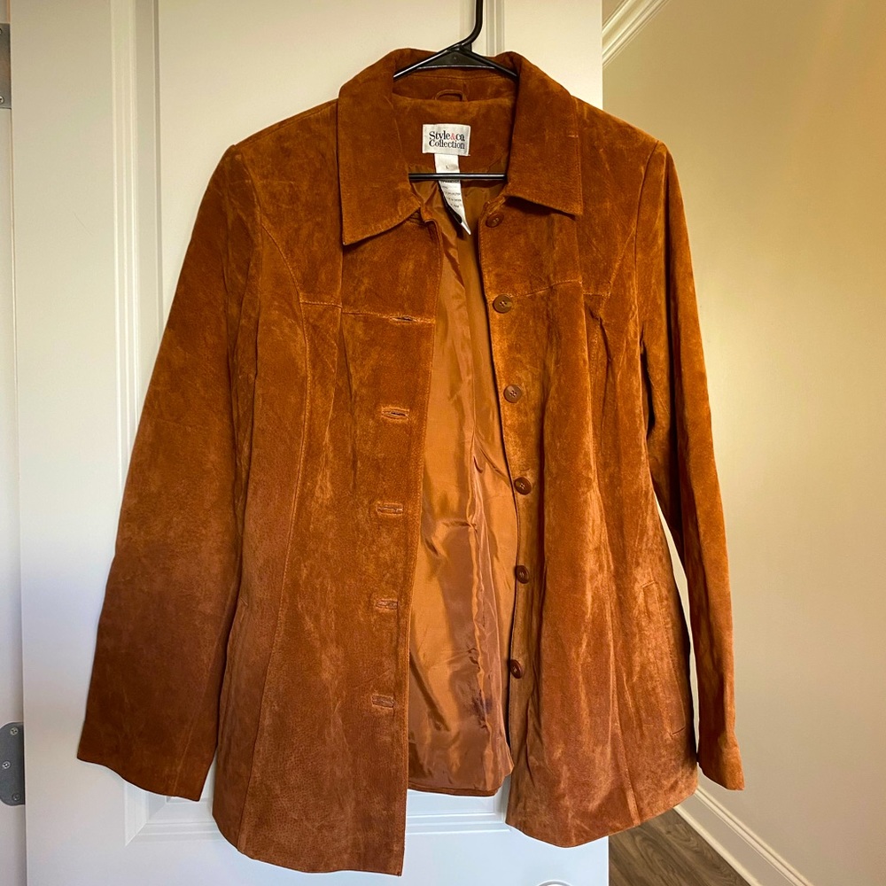 Style & Co size L Large leather suede brown coat lined button down jacket vtg
